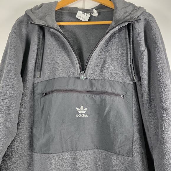 Adidas Mens Large Fleece 1/4 zip Pullover Hooded Sweatshirt Zip Pocket Gray - Picture 1 of 13